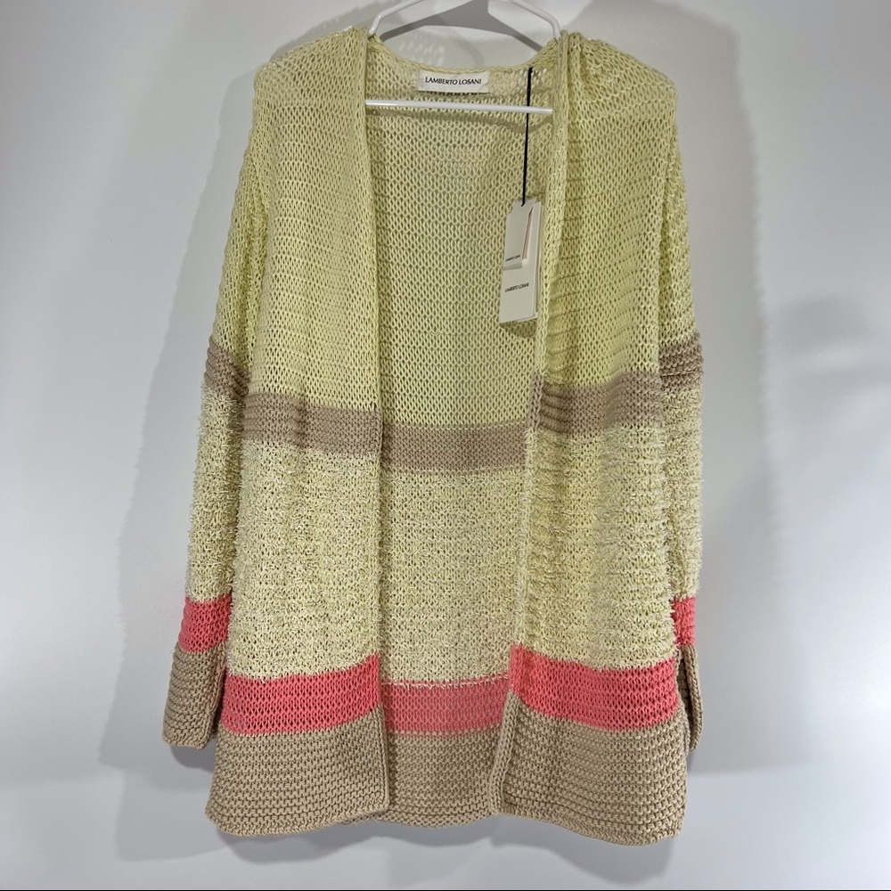 Lamberto Losani Cream Striped Open Front Long Sleeve Cardigan NWT